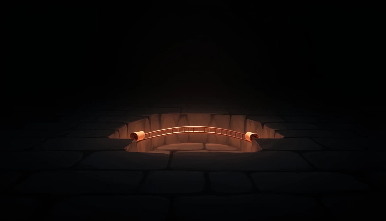 A narrow glowing gap in a dark stone floor, spanned by a thin bridge of copper light between two scrolls