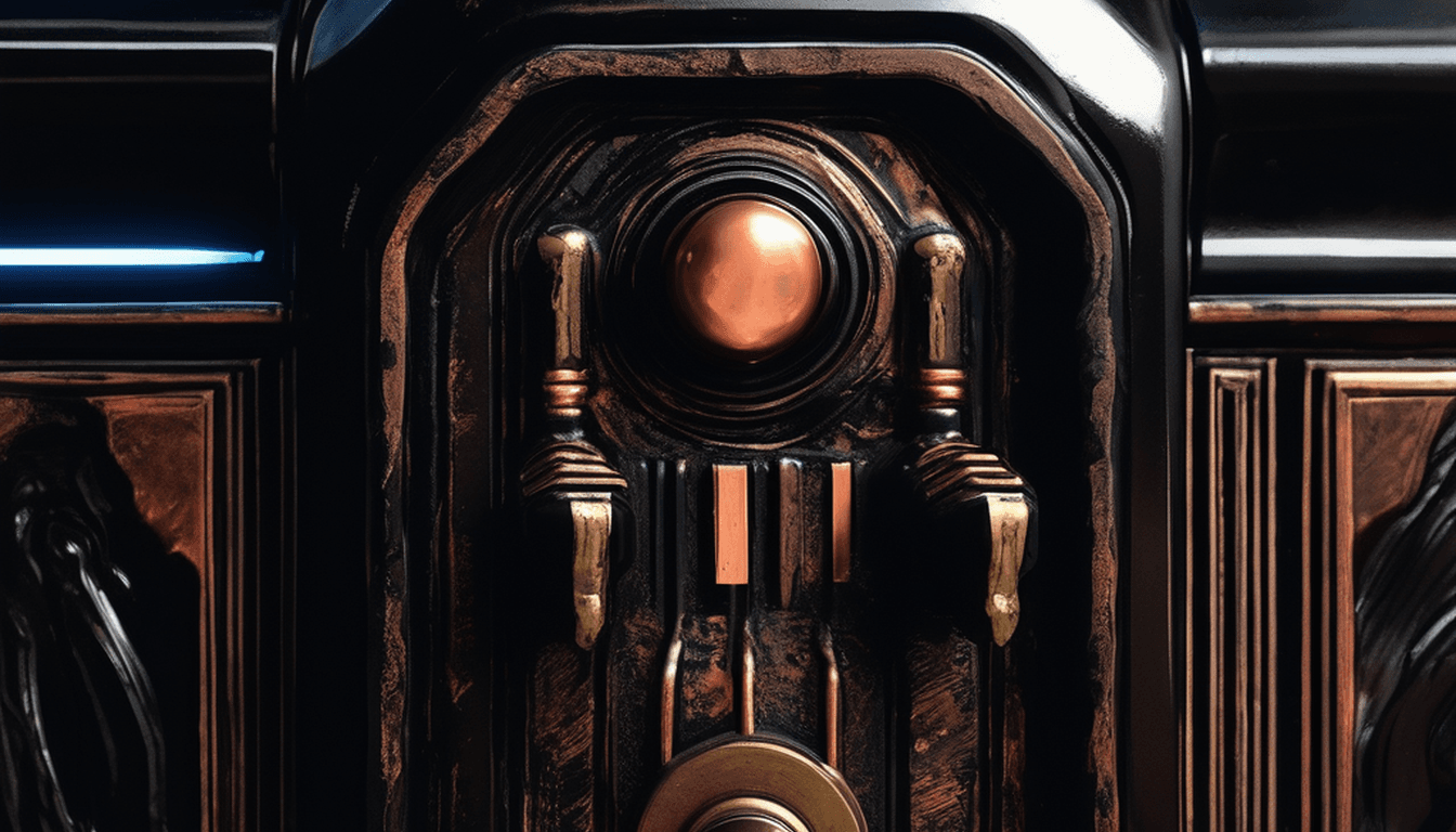 A cracked shield with a glowing copper seam in darkness