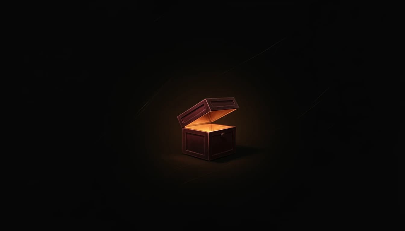 A small red-copper box with its lid ajar, warm light escaping into the dark