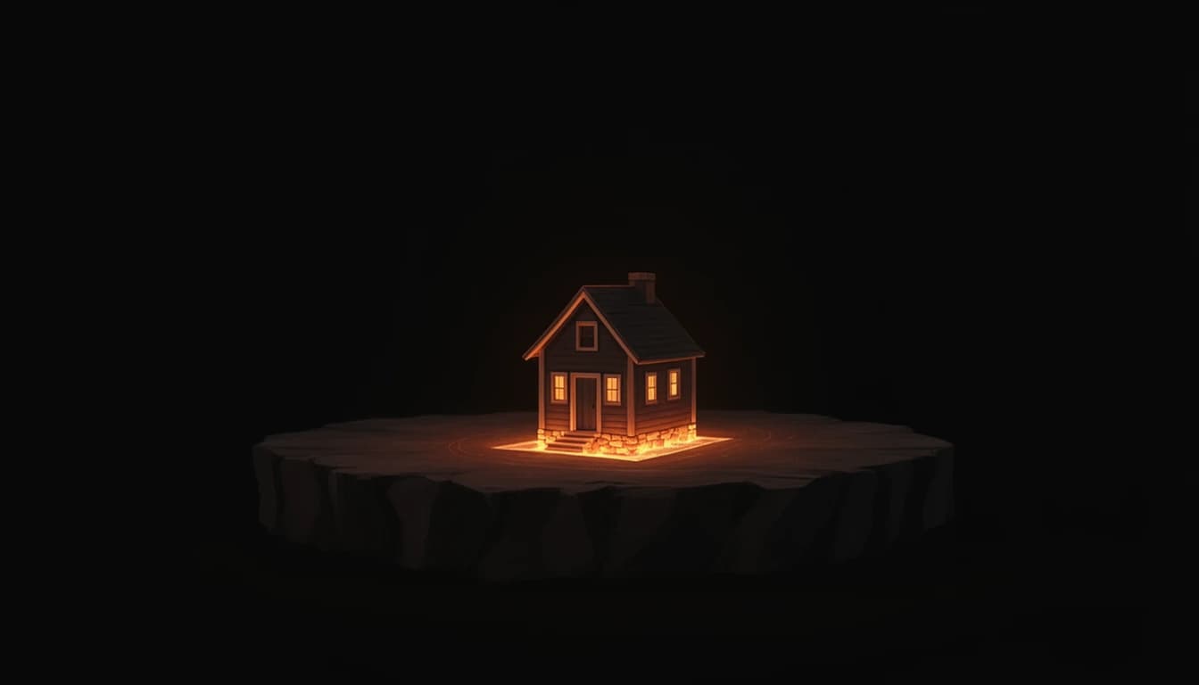 A small house on a slab of bedrock, its foundation glowing warm copper in the dark