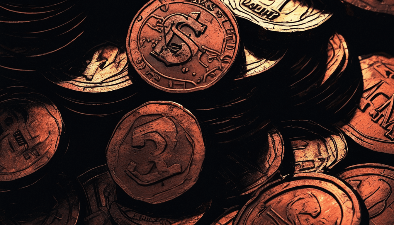 A brass balance scale with copper coins in shadow