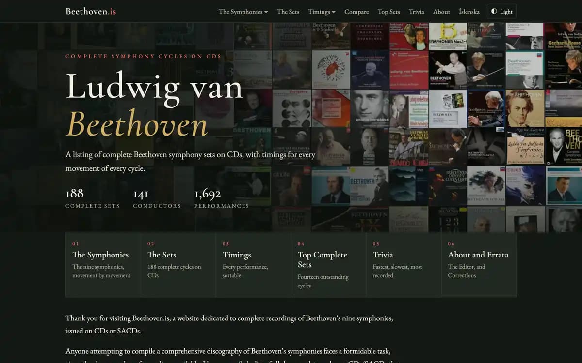 Landing page of beethoven.is — a database of complete Beethoven symphony cycles.