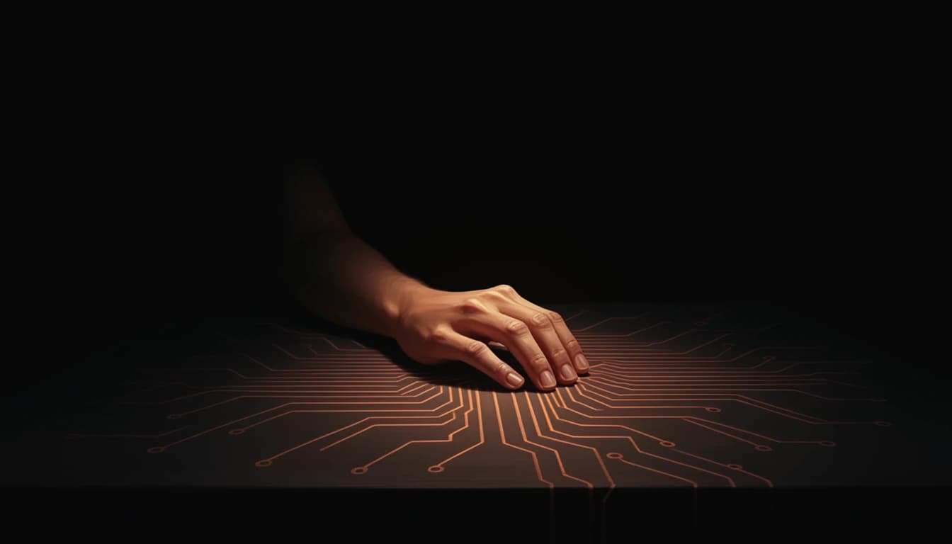A human hand rests on a dark table as fine copper circuit lines spread across it toward the hand.