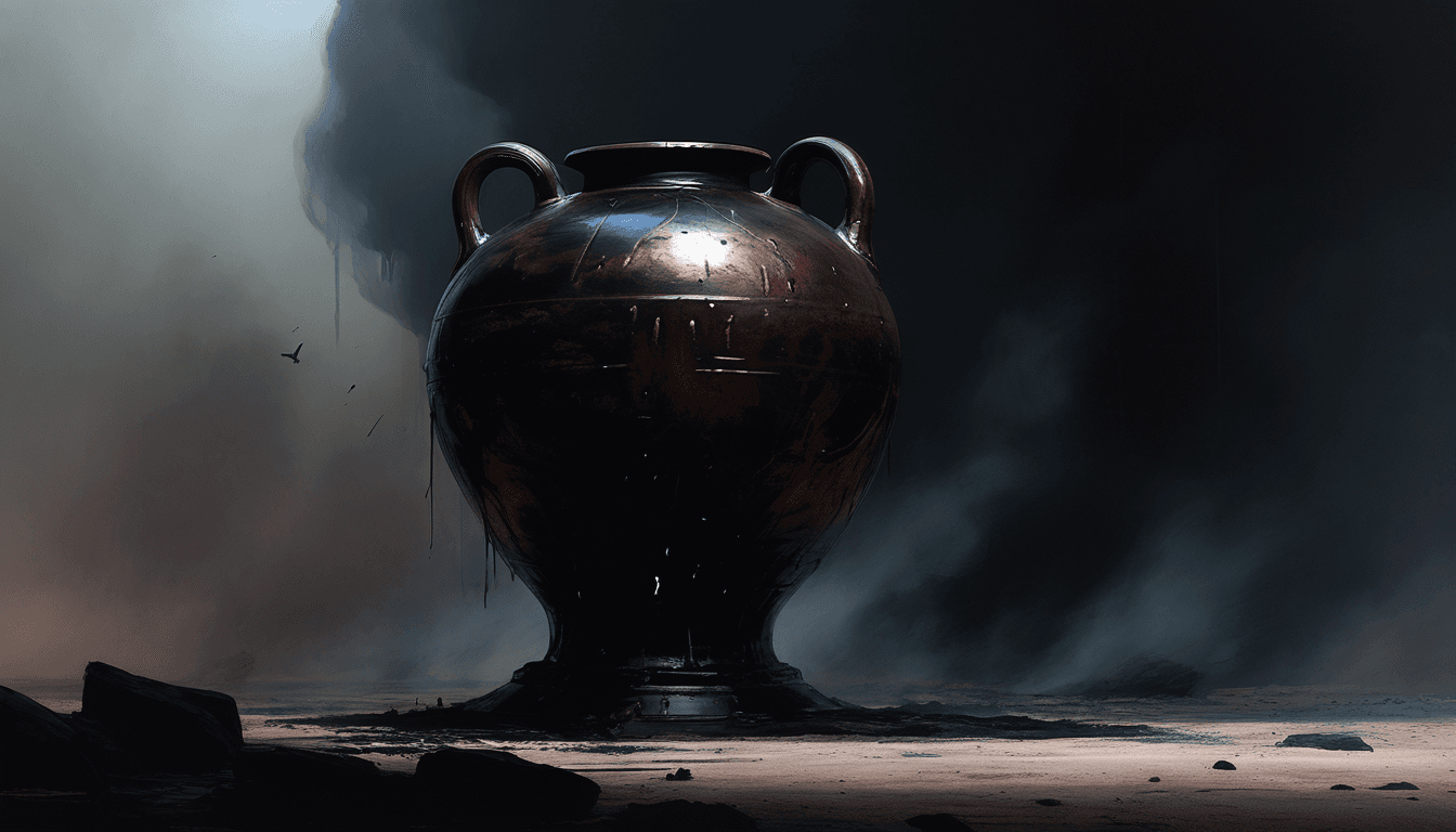 A weathered dark bronze amphora glowing with a band of copper light in the void — smrhsstyle painting, copper on near-black.