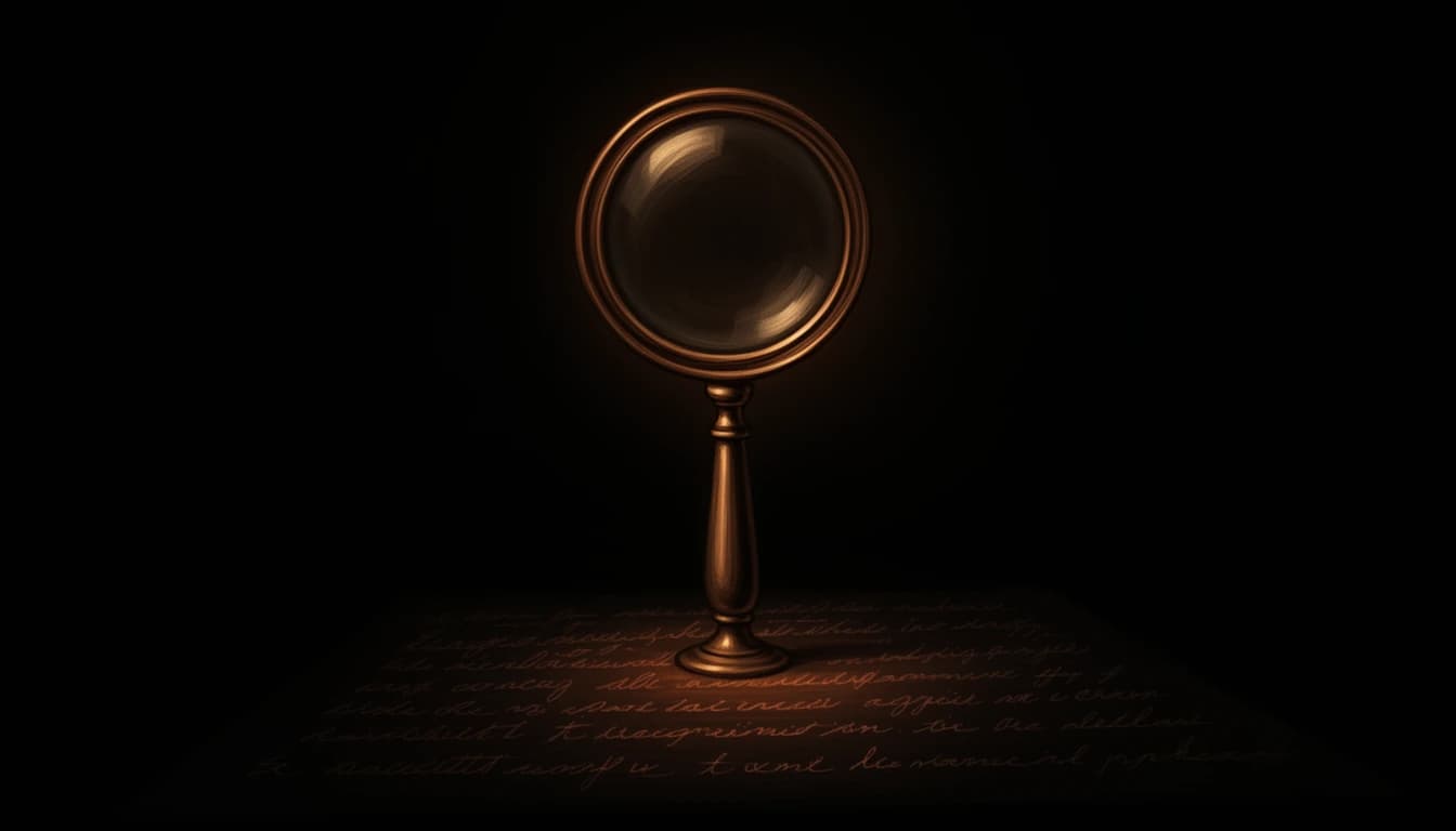 A brass magnifying glass stands over a dark page of handwriting that glows faintly in copper light