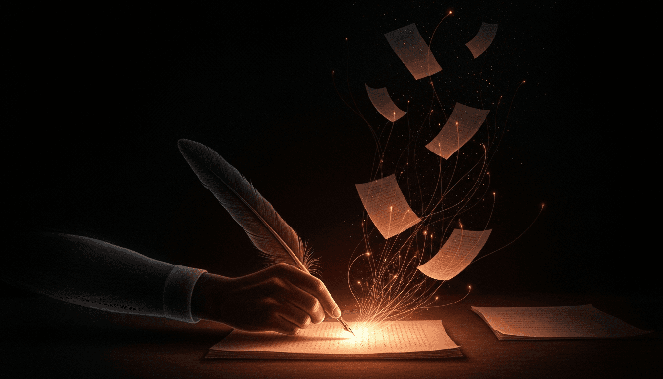 A shadowed hand writes with a quill of copper light; luminous pages drift up into the void