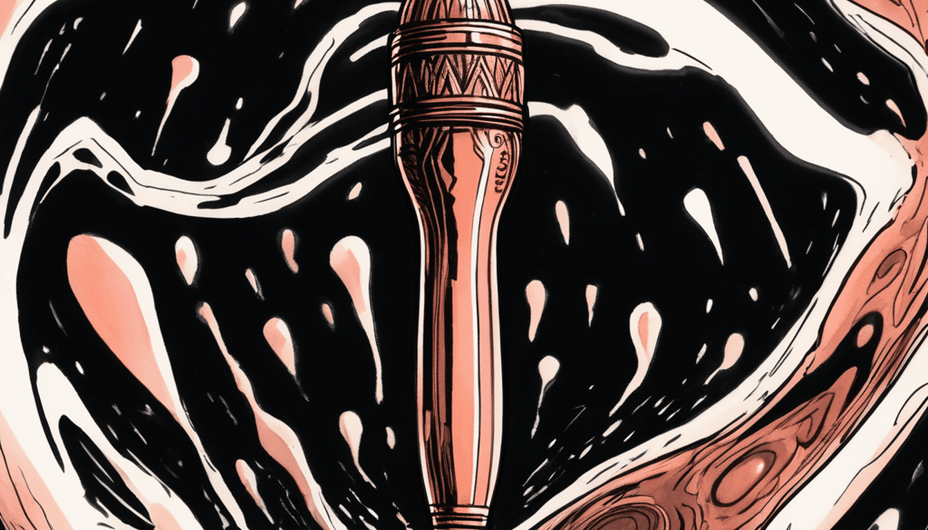 A black-and-copper feather quill in darkness