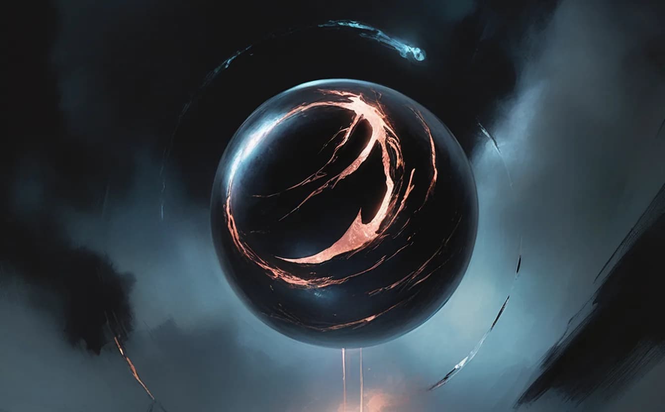 A cracked black sphere haloed by copper light like an eclipse — an emblem of fragmentation, a smrhsstyle painting on a pitch-black void.