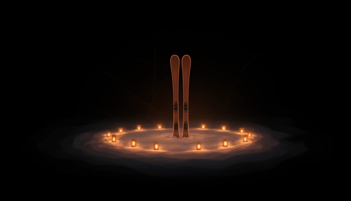 A pair of children's skis stands upright in the snow, ringed by small glowing lanterns.
