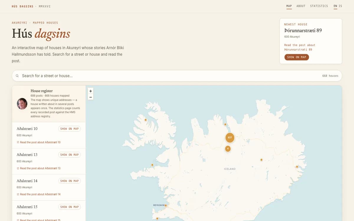 Forsíða husdagsins.sumarhus.com — kort af húsum á Akureyri.